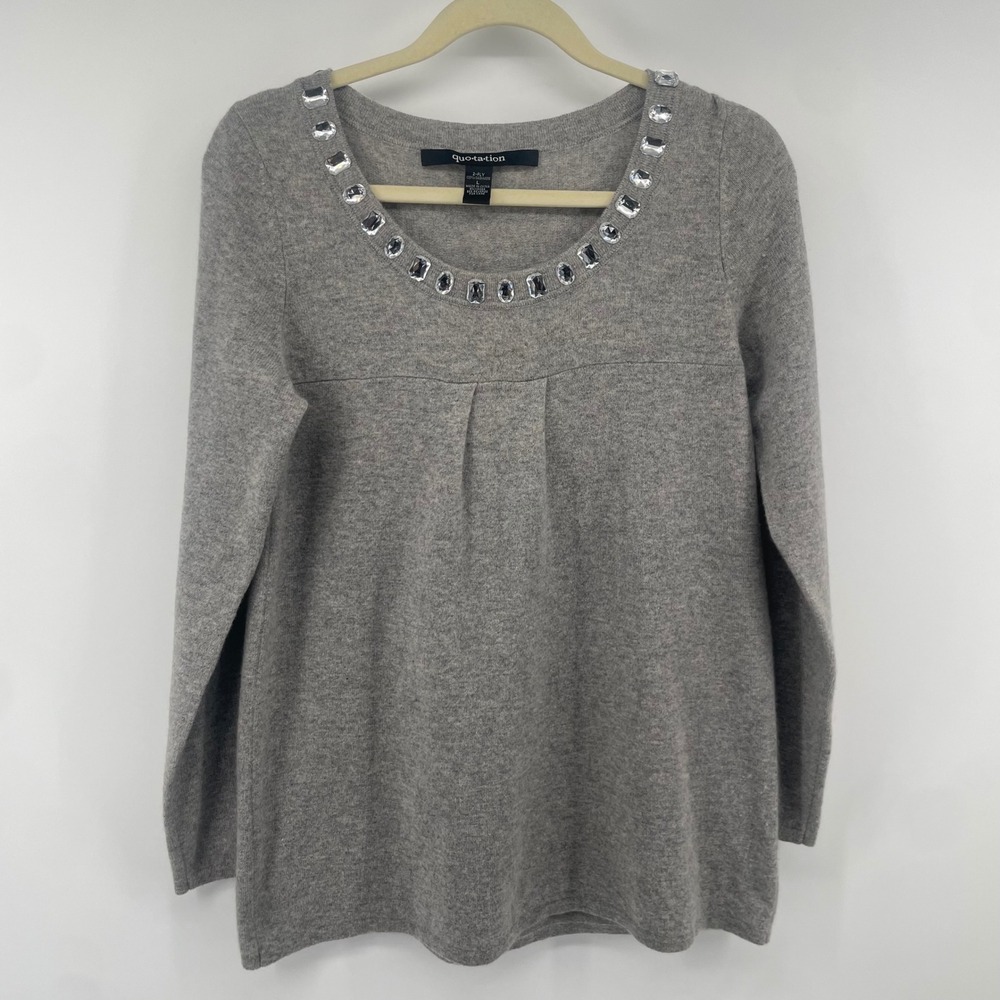 Quotation Cashmere Sweater Women Large Gray Crystal Embellished Scoop Neck Knit